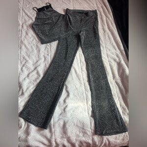 Black Glitter Women's Flare Pants and Crop Top Set